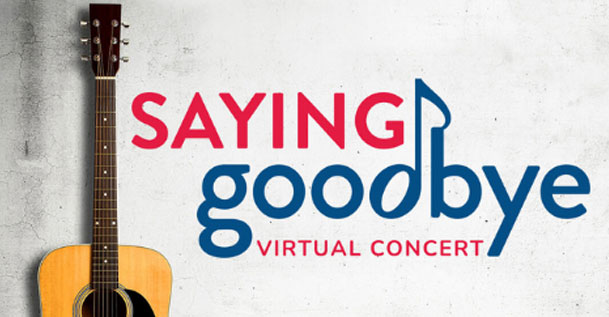 The Saying Goodbye Virtual concert logo beside a picture of a guitar.