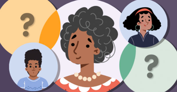 A cartoon of a black woman in a circle surrounded by 4 circles, two with question marks and two of other people.