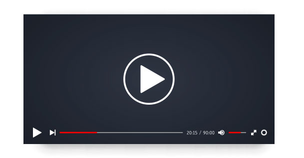 A video player screen with a large play button in the centre.