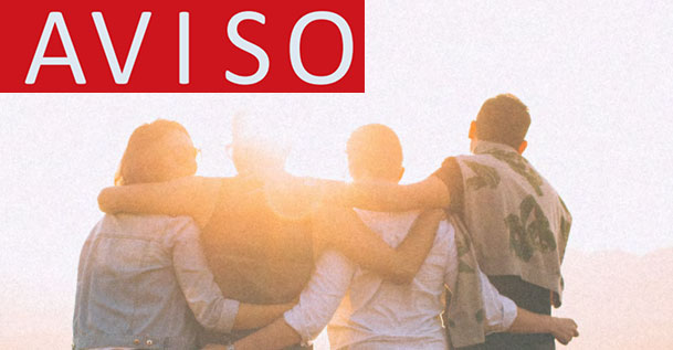The Aviso logo in red on top of an image of four people with their arms around each other, standing in a line and looking at the sunset.