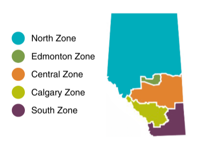 Map of the Alberta Health Services Zones.